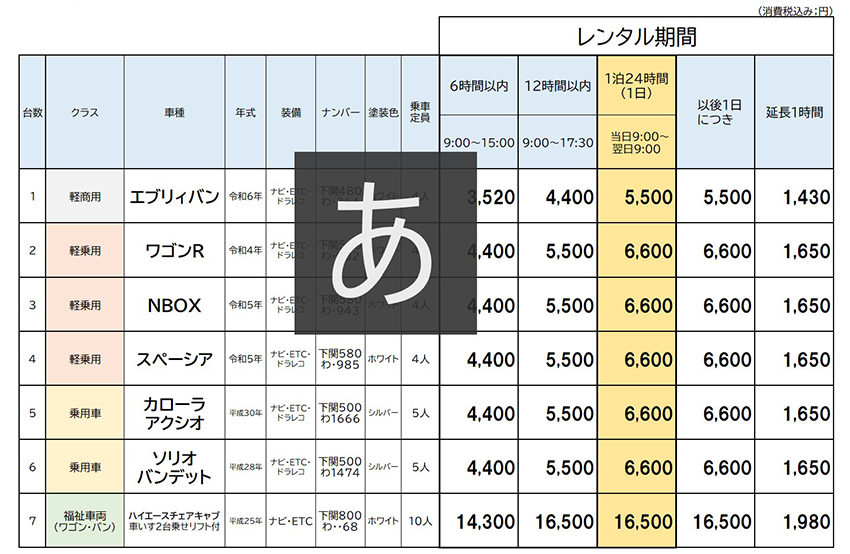 レンタカー料金表