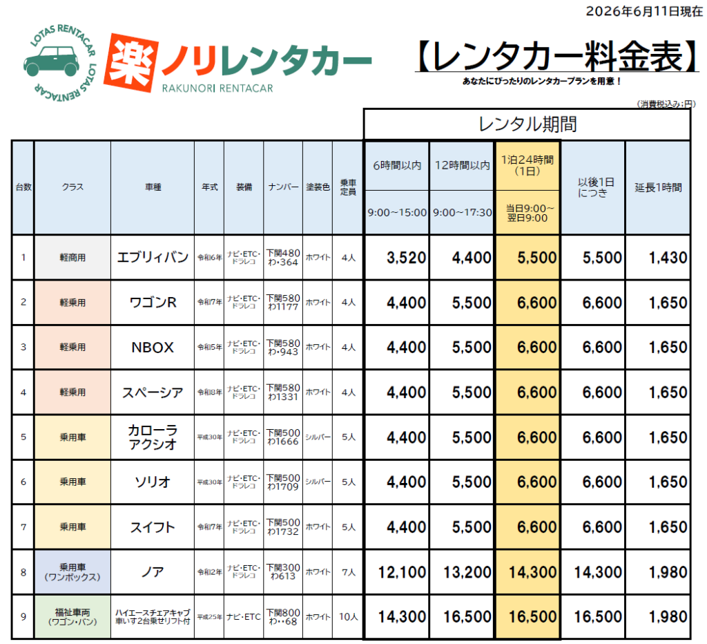 レンタカー料金表